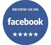 A blue button with the words " review us on facebook ".